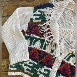 Vintage 90s Cardigan Knit Sweater Southwestern Fair Isle Fringe Collar | Size L